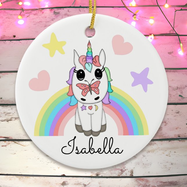 Personalized Unicorn, Butterfly and Rainbow Ceramic Ornament (Creator Uploaded)