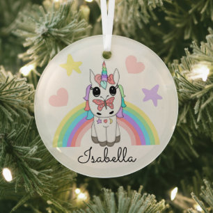 Personalized Unicorn, Butterfly and Rainbow Glass Ornament