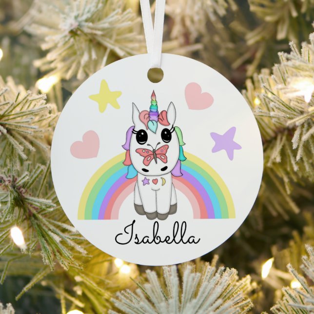 Personalized Unicorn, Butterfly and Rainbow Metal Ornament (Insitu)