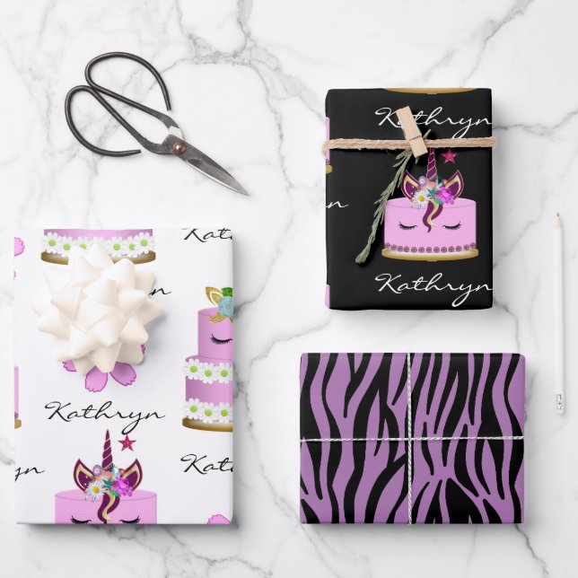 Personalized Unicorn Cakes Wrapping Paper Sheet (Front)