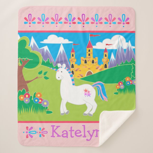 Personalized Unicorn Castle Sherpa Blanket (Front)