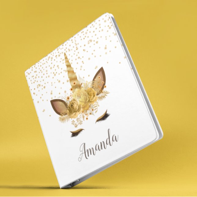 Personalized Unicorn Face Gold Glitter Binder (Creator Uploaded)