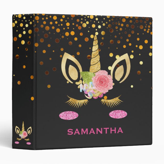Personalized Unicorn Face Gold Glitter Photo Album Binder (Front/Spine)