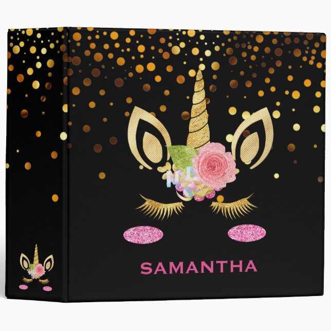 Personalized Unicorn Face Gold Glitter Photo Album Binder (Front/Spine)