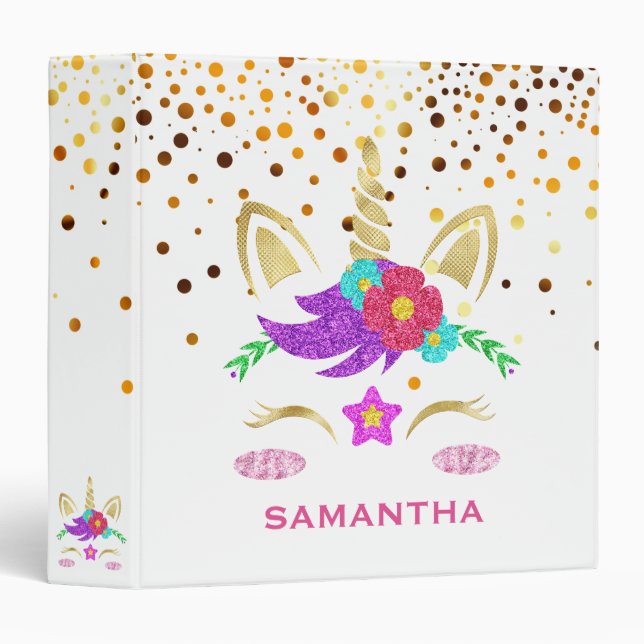 Personalized Unicorn Face Gold Glitter Photo Album Binder (Front/Spine)