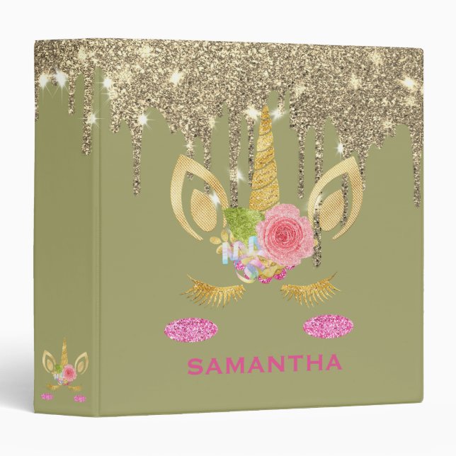 Personalized Unicorn Face Gold Glitter Photo Album Binder (Front/Spine)