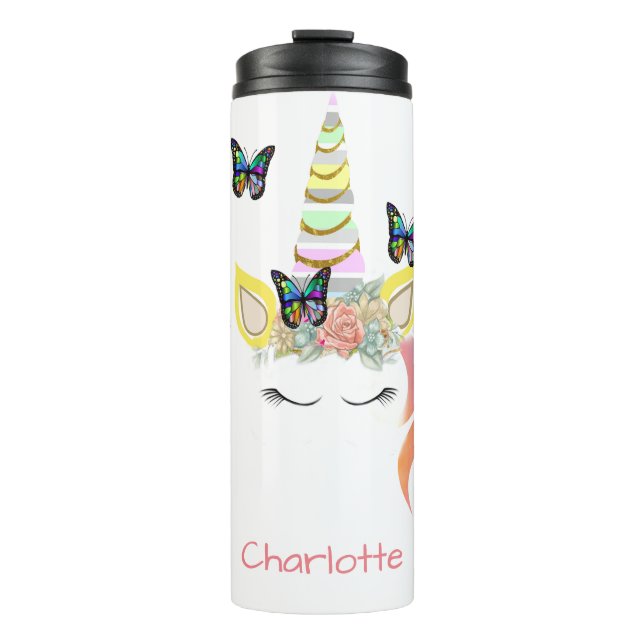 Personalized Unicorn Face Pastel and Gold Glitter Thermal Tumbler (Front)