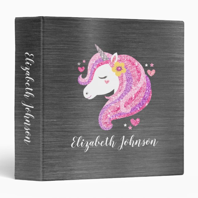 Personalized Unicorn Face pink Glitter Binder (Front/Spine)