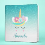 Personalized Unicorn Face teal Glitter Binder<br><div class="desc">This design was created though digital art. It may be personalized in the area provide or customizing by choosing the click to customize further option and changing the name, initials or words. You may also change the text colour and style or delete the text for an image only design. Contact...</div>