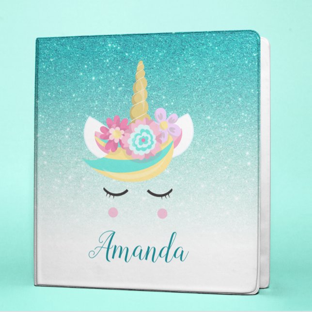 Personalized Unicorn Face teal Glitter Binder (Creator Uploaded)