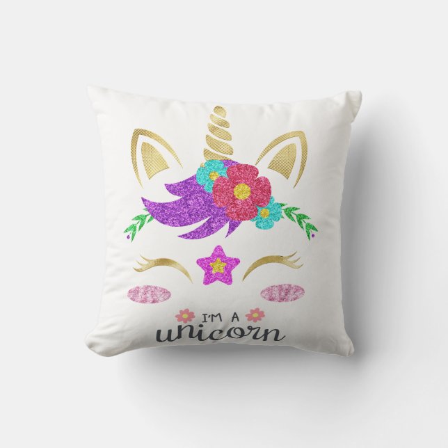 Personalized Unicorn Face with Pony Throw Pillow (Front)