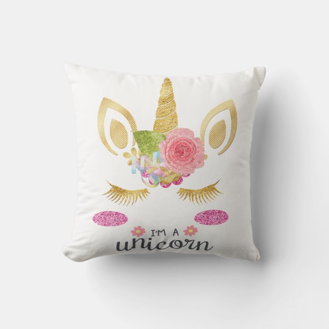 Personalized Unicorn Face with Pony Throw Pillow (Front)