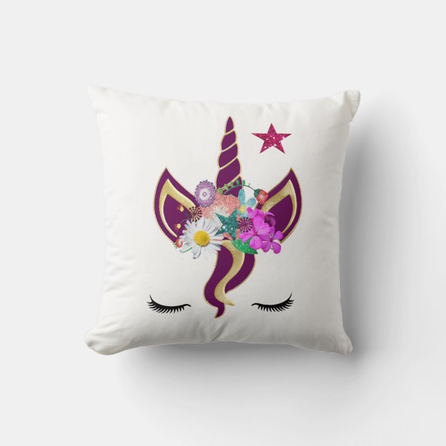 Personalized Unicorn Face with Pony Throw Pillow (Front)