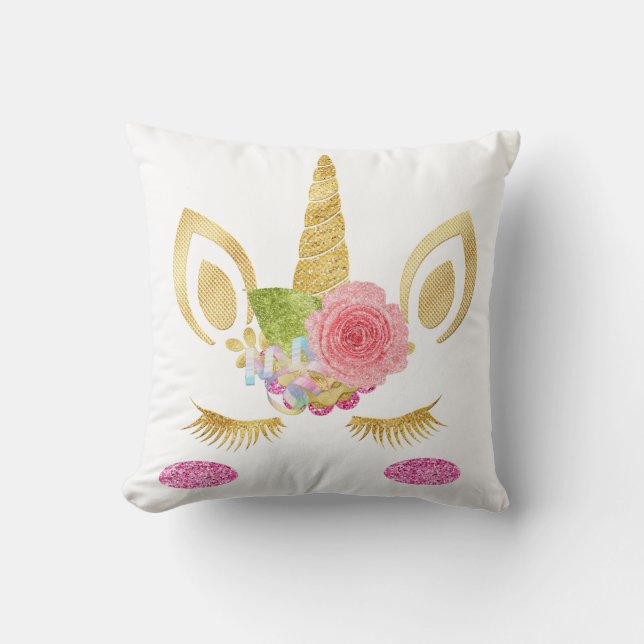 Personalized Unicorn Face with Pony Throw Pillow (Front)