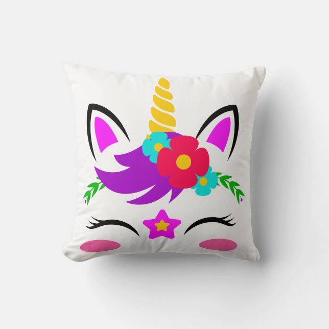 Personalized Unicorn Face with Pony Throw Pillow (Front)