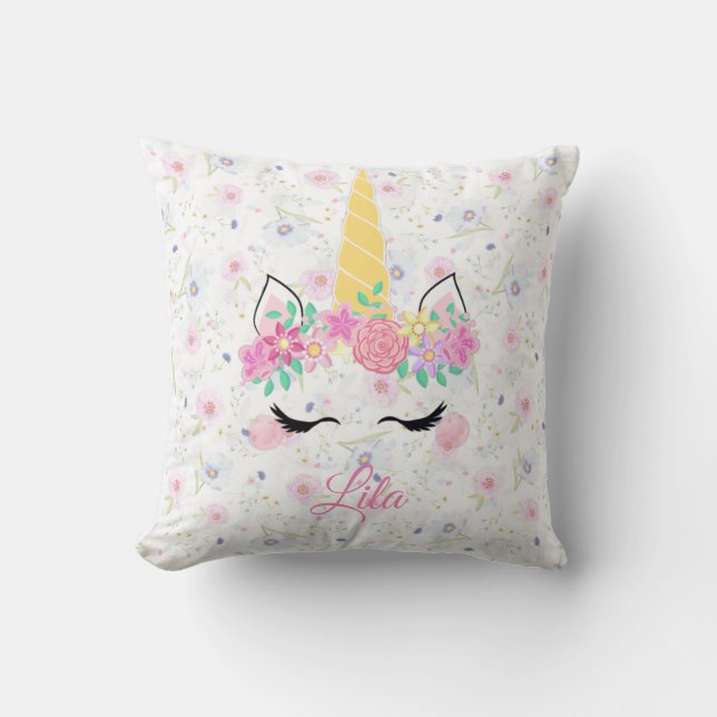 Personalized unicorn floral  throw pillow (Front)