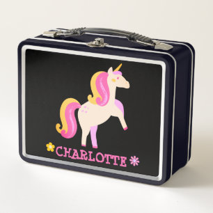 Personalized Unicorn Flowers Pink Metal Lunch Box