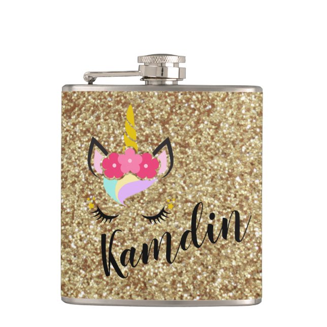 Personalized Unicorn Gold Glitter Flask (Front)