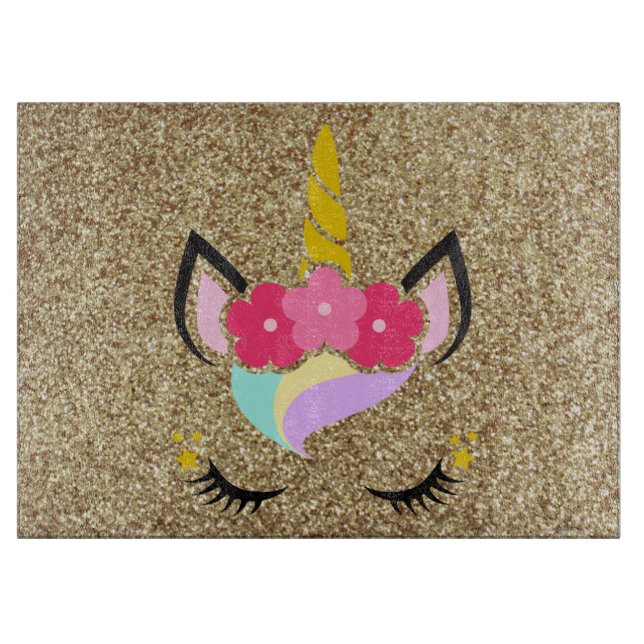 Personalized Unicorn Gold Glitter Glass Cutting Cutting Board (Front)