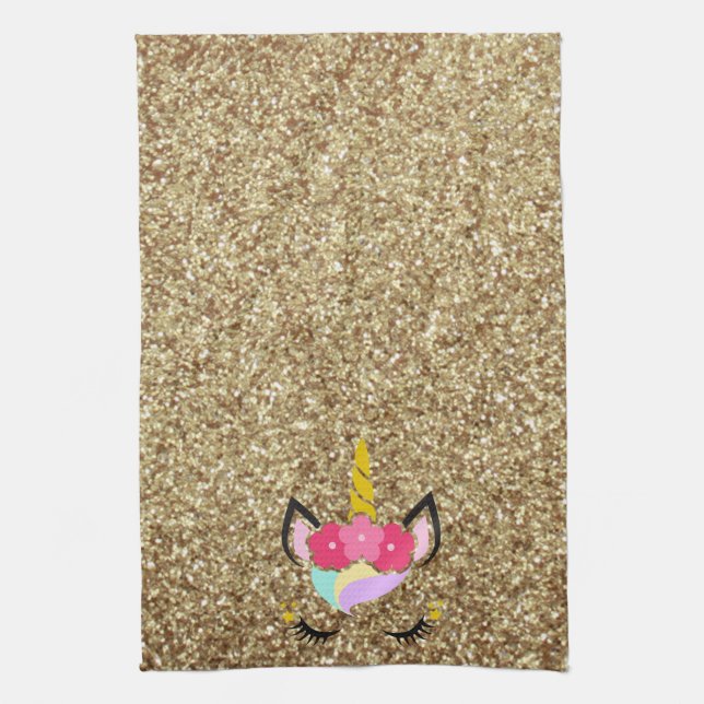 Personalized Unicorn Gold Glitter Kitchen Towel (Vertical)