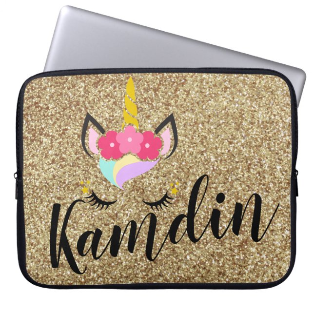 Personalized Unicorn Gold Glitter Laptop Case (Front)