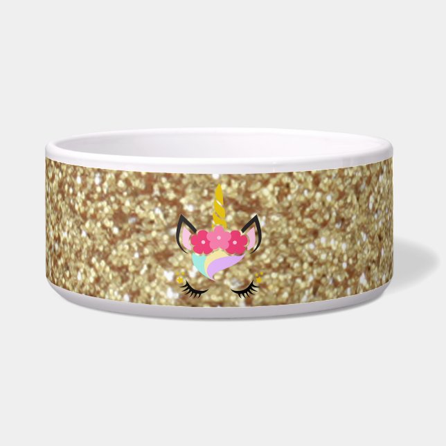 Personalized Unicorn Gold Glitter Pet Bowls (Front)