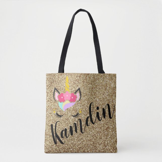 Personalized Unicorn Gold Glitter Tote Bag (Front)