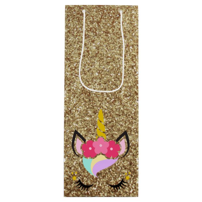 Personalized Unicorn Gold Glitter Wine Gift Bag (Front)