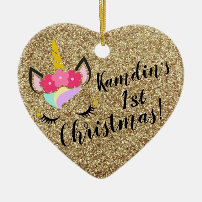 Personalized Unicorn Gold Glitter XMAS Ornament (Front)