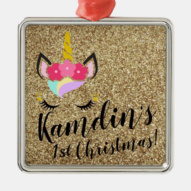 Personalized Unicorn Gold Glitter XMAS Ornament (Front)