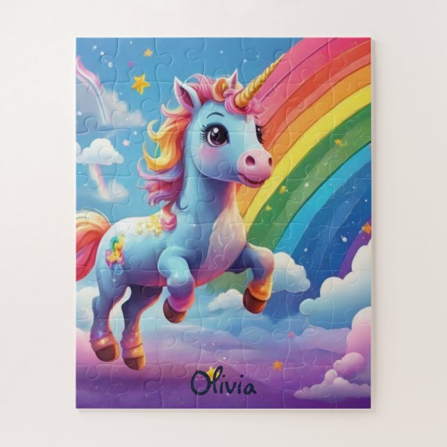 Personalized Unicorn Jumping Into Rainbow Jigsaw Puzzle (Vertical)