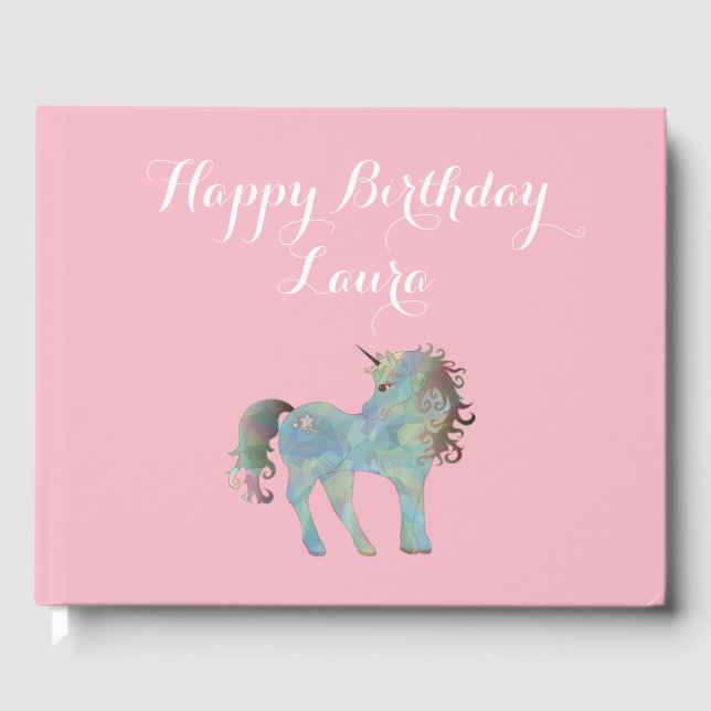 Personalized Unicorn Lovers Pink Happy Birthday Guest Book (Front)