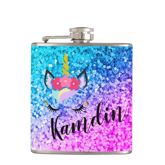 Personalized Unicorn Ombre Fade Glitter Flask (Front)