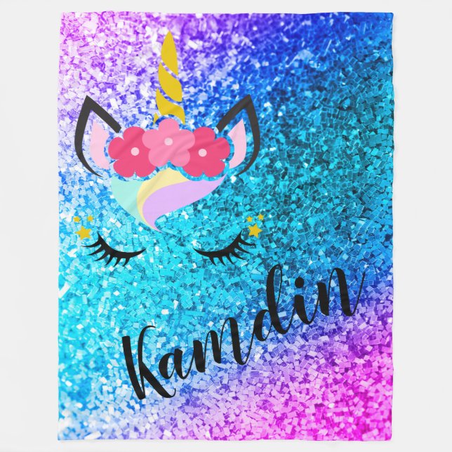 Personalized Unicorn Ombre Glitter Fleece Throw (Front)