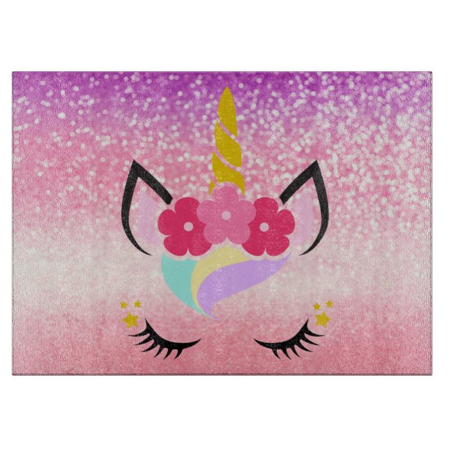 Personalized Unicorn Ombre Glitter Glass Cutting Cutting Board (Front)
