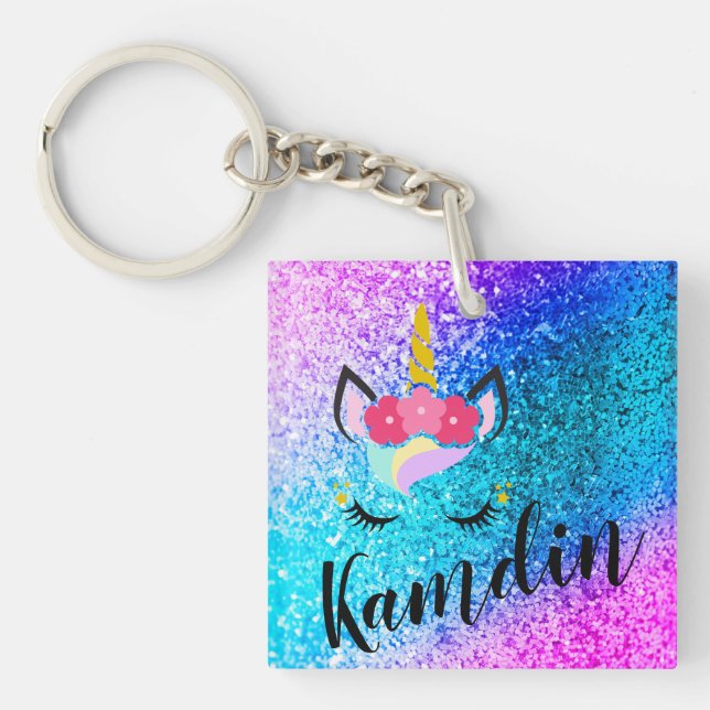 Personalized Unicorn Ombre Glitter Key Chain (Front)