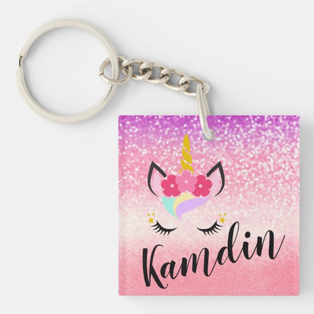 Personalized Unicorn Ombre Glitter Key Chain (Front)