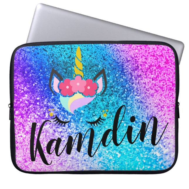 Personalized Unicorn Ombre Glitter Laptop Case (Front)