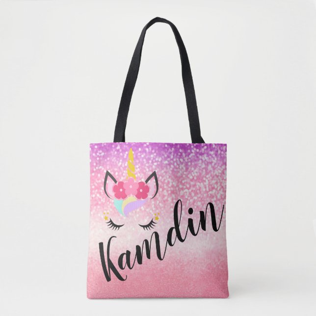 Personalized Unicorn Ombre Glitter Tote Bag (Front)