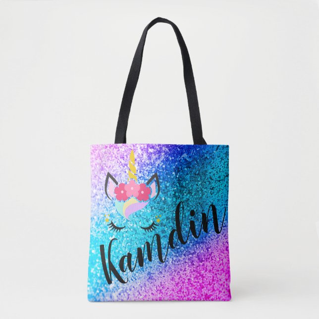 Personalized Unicorn Ombre Glitter Tote Bag (Front)