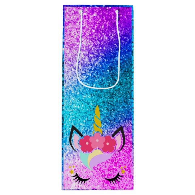 Personalized Unicorn Ombre Glitter Wine Gift Bag (Front)