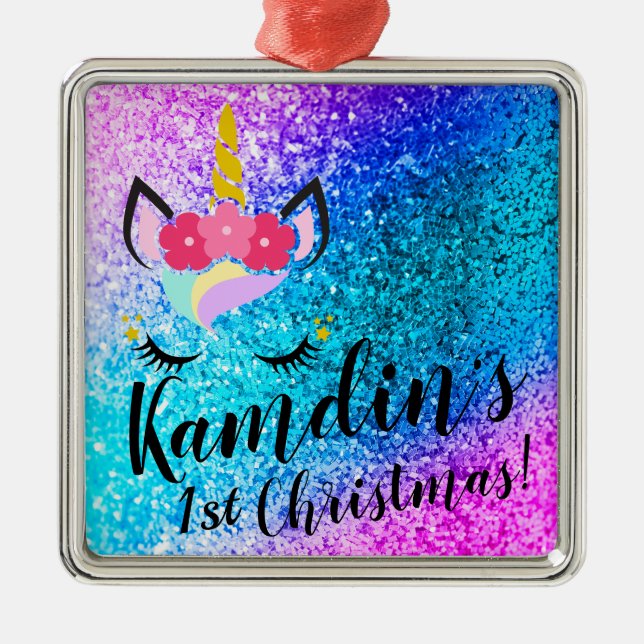 Personalized Unicorn Ombre Glitter XMAS Ornament (Front)