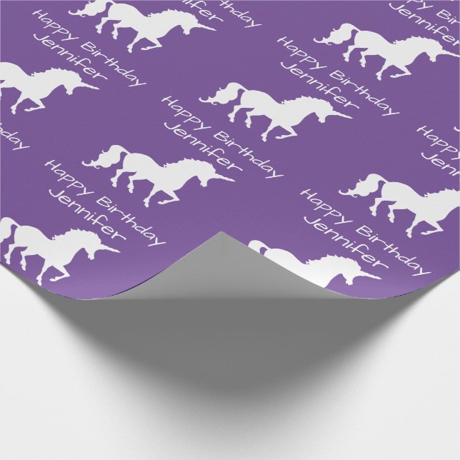 Personalized Unicorn Pattern Girls Birthday Purple Wrapping Paper (Corner)