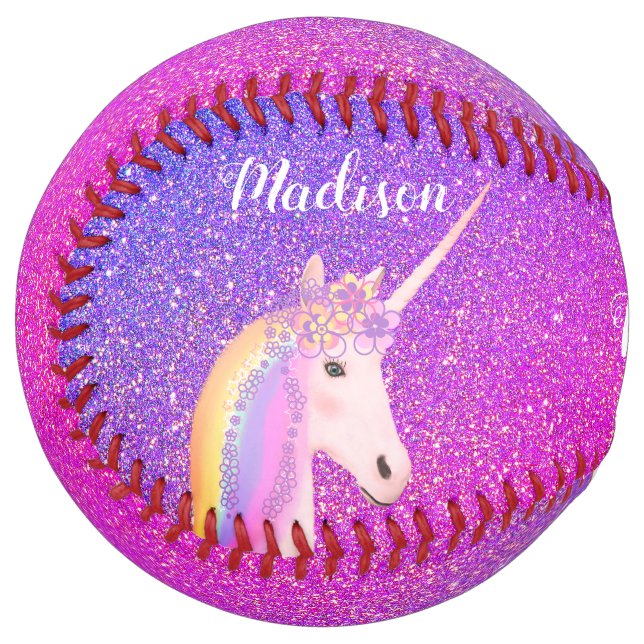 Personalized Unicorn Pink Purple Glitter Girls Softball (Front Left)