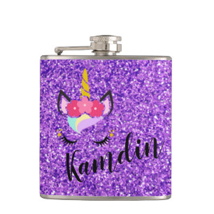Personalized Unicorn Purple Glitter Flask