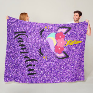 Personalized Unicorn Purple Glitter Fleece Throw