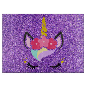 Personalized Unicorn Purple Glitter Glass Cutting Cutting Board