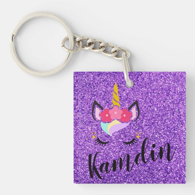 Personalized Unicorn Purple Glitter Key Chain (Front)