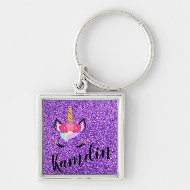 Personalized Unicorn Purple Glitter Key Chain (Front)