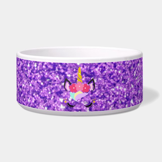 Personalized Unicorn Purple Glitter Pet Bowls (Front)